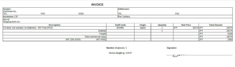 Zenmarket invoice with VAT