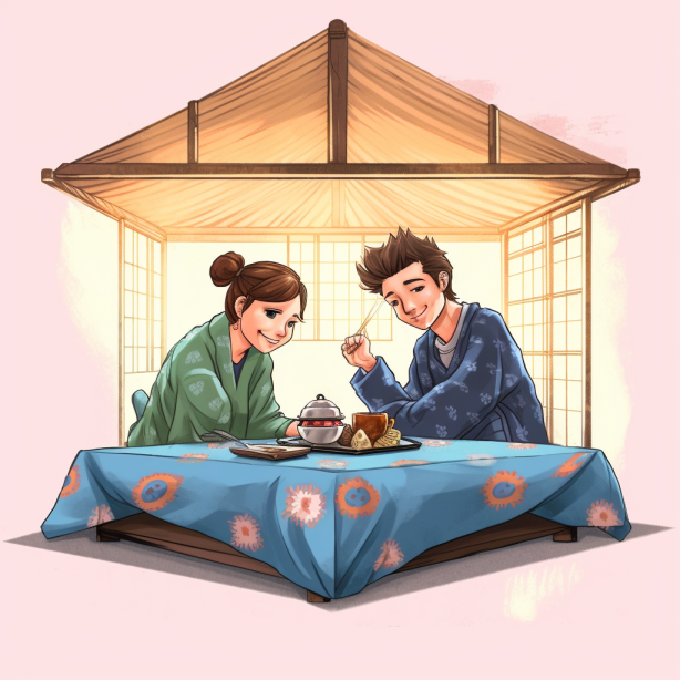 Para jedząca przy stole kotatsu