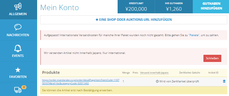 Warten Sie auf die Bestätigung durch ZenMarket