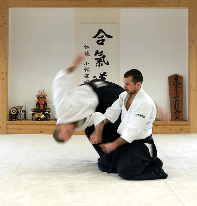 Um praticante de Aikido submete seu oponente ao chão. Foto cortesia de Wikipedia.