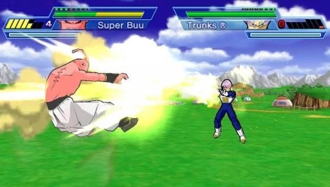 Screenshot di Dragon Ball Z Shin Budokai Another Road, Trunks combatte Kid Bu