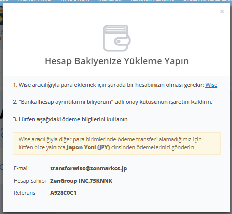 Wise ile ZenMarket'e para y&uuml;kle