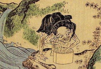 a wood-block carving illustration of a youkai