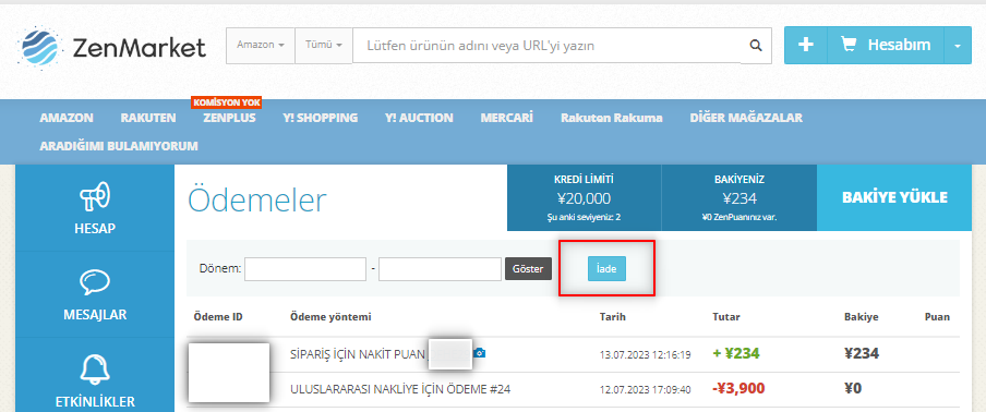 ZenMarket bakiye iade talebi