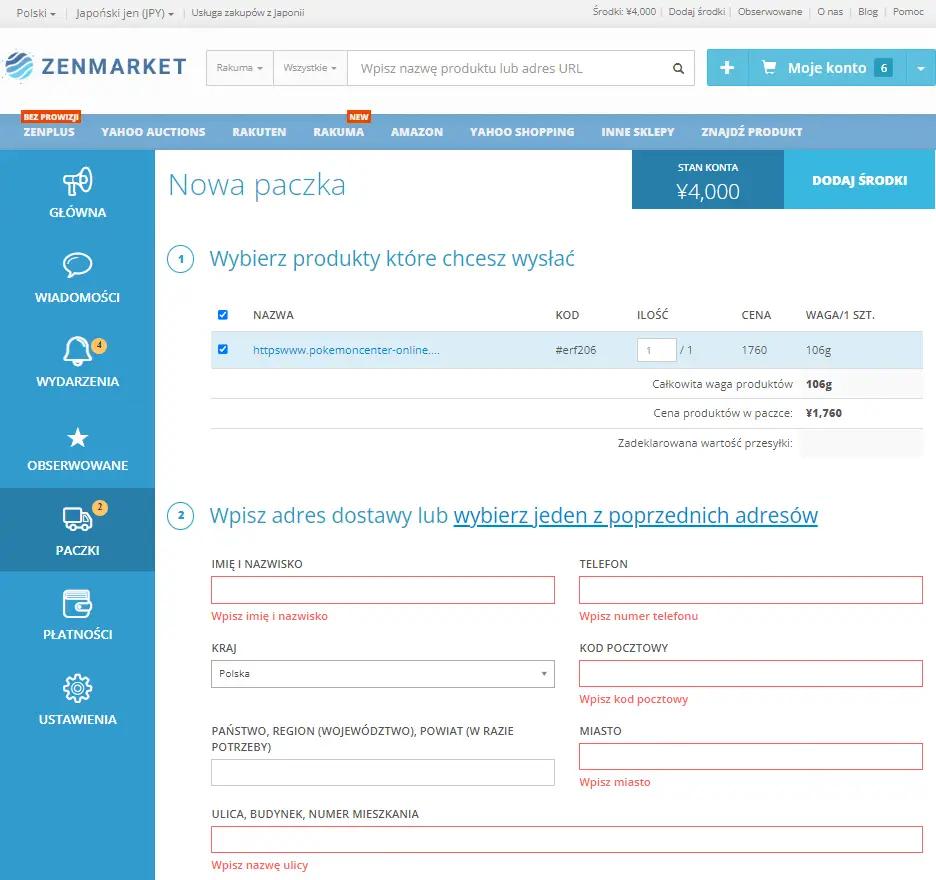 Jak wpisać dane do przesyłki w ZenMarket