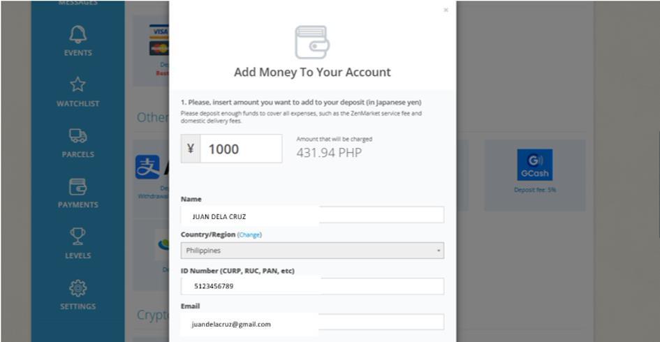 The pop-up window where you will input the money you want to add to your ZenMarket account.