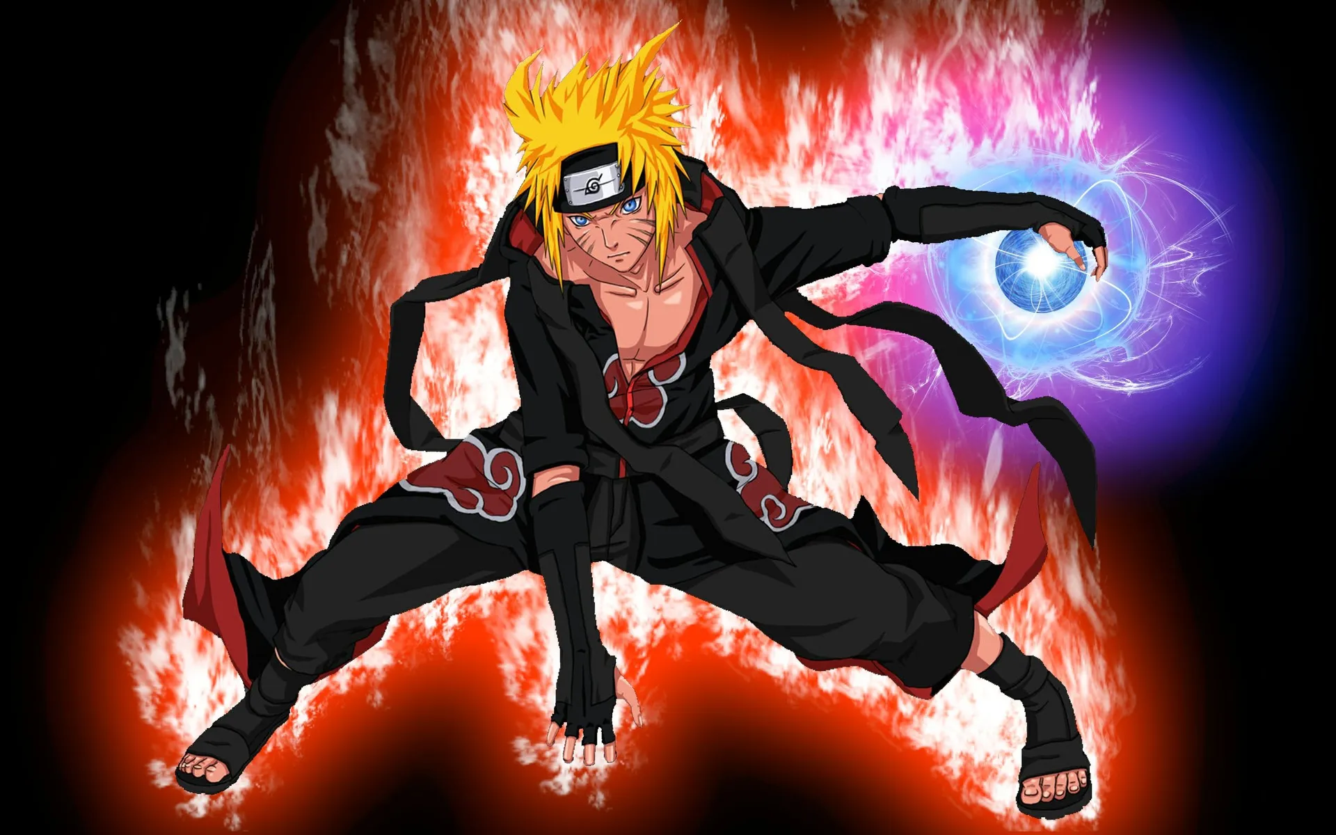 Minato Namikaze cubierto en fuego y con su poder en la mano