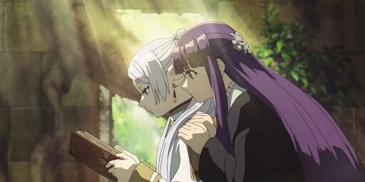 Frieren and Fern reading a book in a sunlit forest