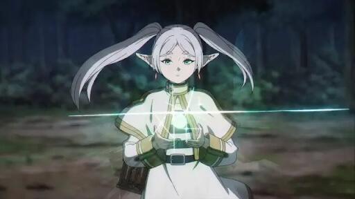 Frieren in a sunlit forest using magic