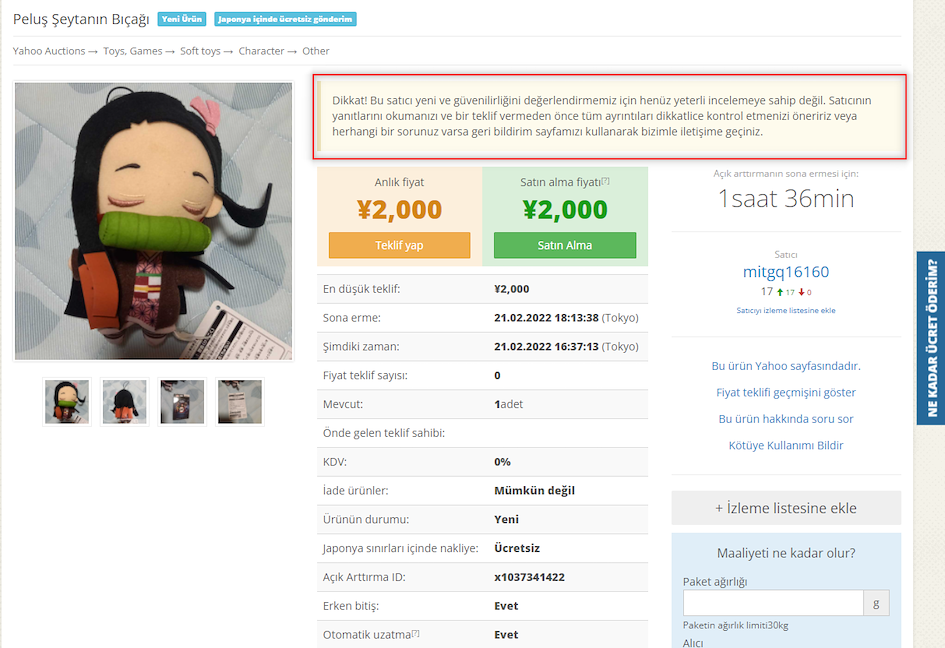 ZenMarket JDirectItems Auction Uyarı