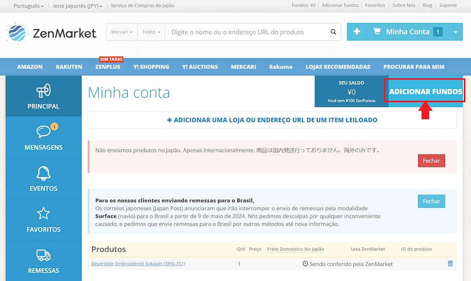P&aacute;gina da ZenMarket indicando como adicionar fundos