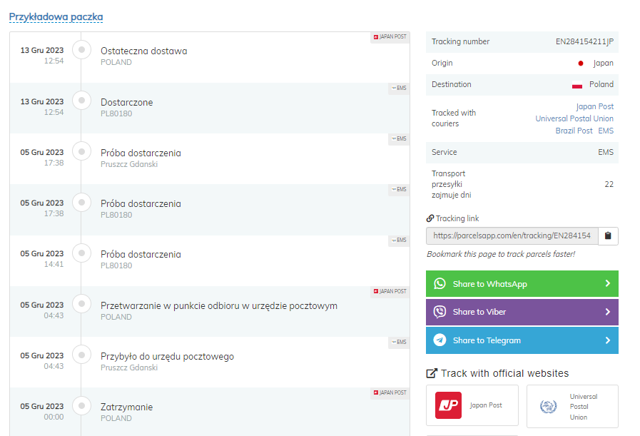 Status przesyłki na Global parcel app