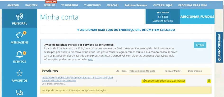 Painel da sua conta para acompanhamento do pedido