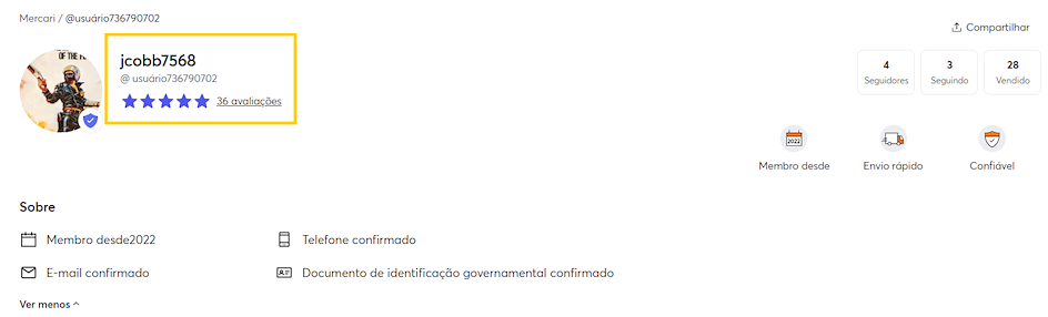 Detalhes sobre onde encontrar as avalia&ccedil;&otilde;es no Mercari