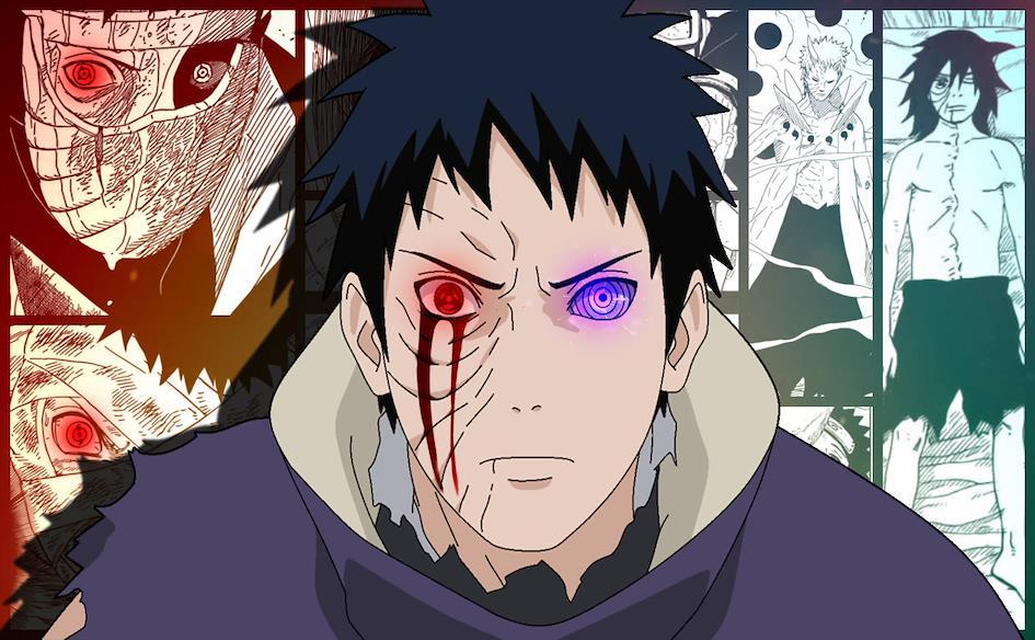 Obito Uchiha mirando serio con imagenes de recuerdos como fondo