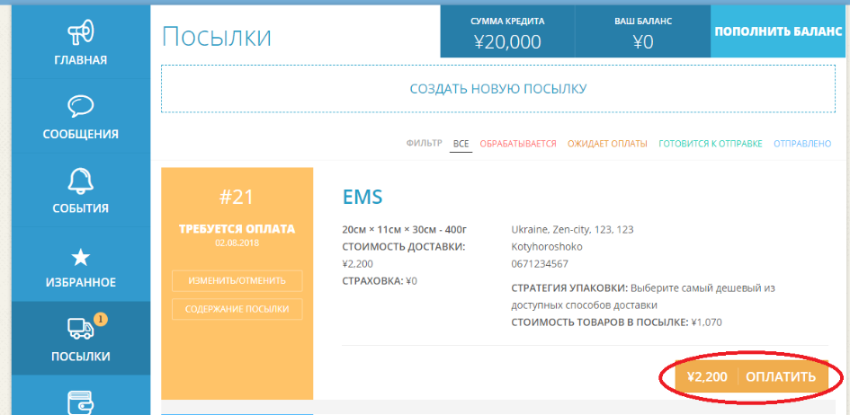 Оплата международной доставки на ZenMarket