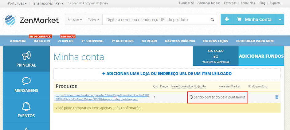 Aguarde a verificação do ZenMarket