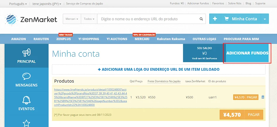 Adicionar fundos à conta ZenMarket