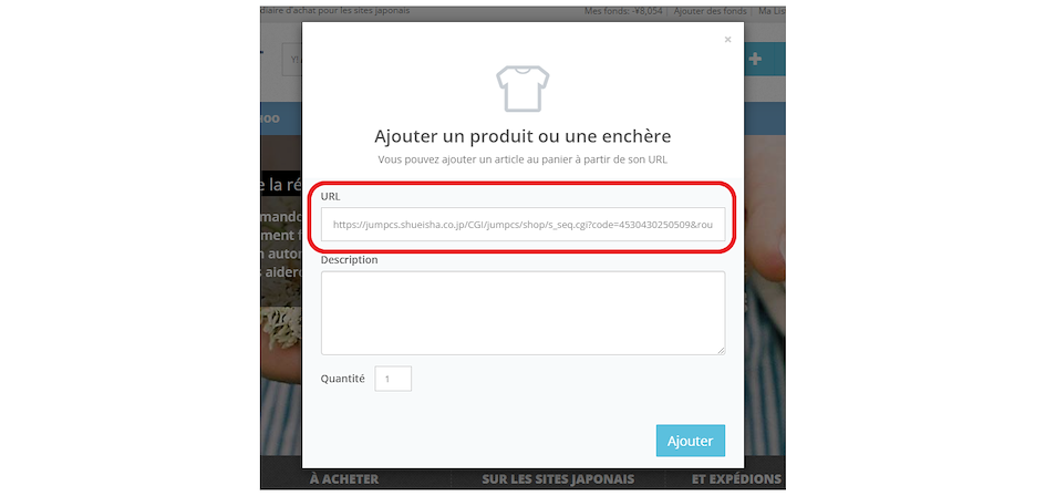 Validation et ajout d'un article Jump Character Store dans le panier d'achat ZenMarket