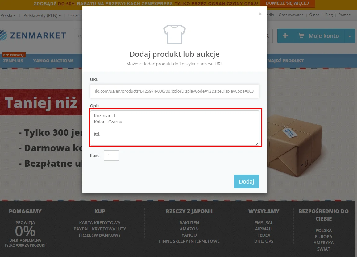 Okno z opisem szukanego produktu