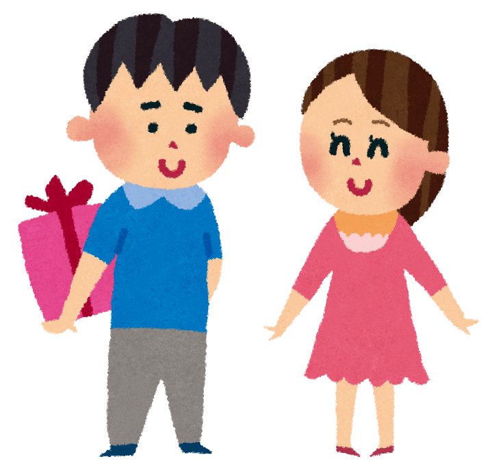 A graphic of a man hiding a gift to give to a woman
