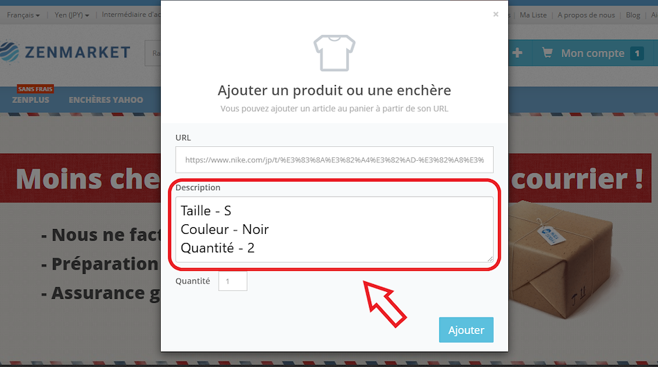 Fen&ecirc;tre de confirmation d'ajout au panier ZenMarket avec zone de commentaires