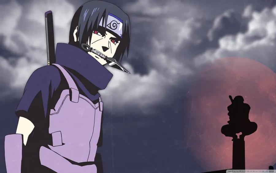Itachi Uchina sosteniendo una daga en su boca