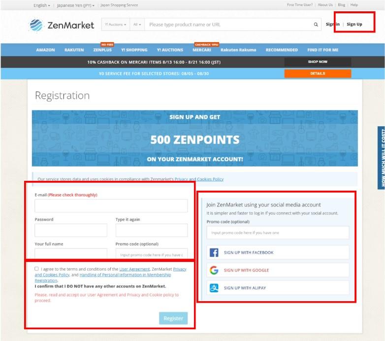 ZenMarket’s sign-up and registration page.