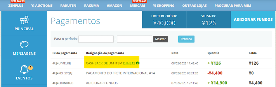 captura de tela do cashback na conta da ZenMarket