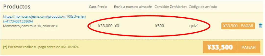 Presupuesto recibido en ZenMarket