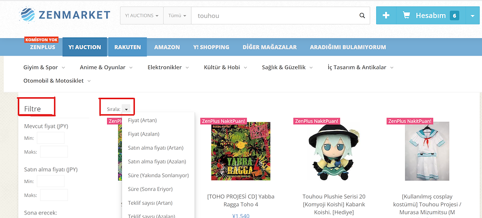 ZenMarket &Uuml;r&uuml;n Filtrele