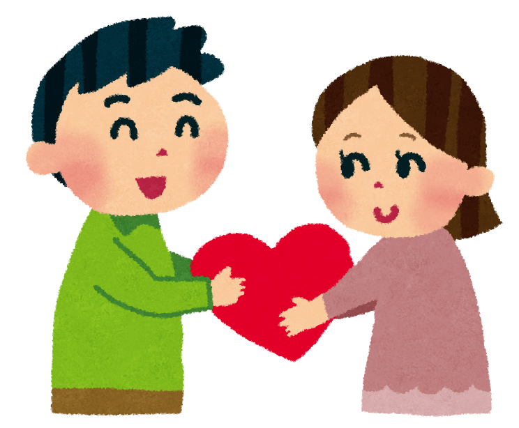 A cartoon graphic of a man and woman holding a heart