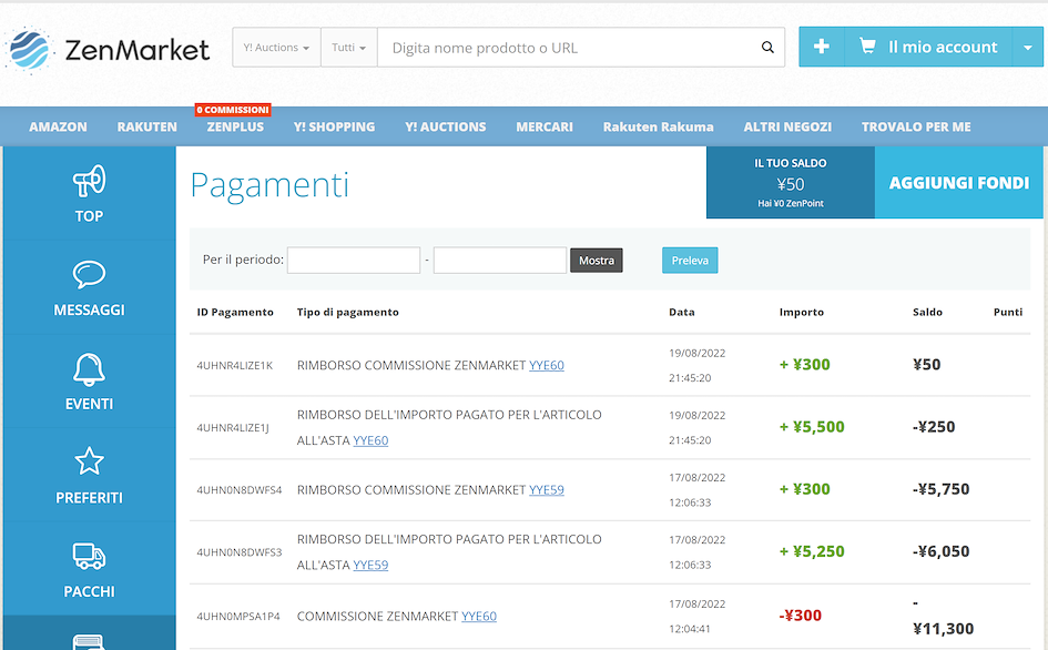 screenshot of cashback in ZenMarket account