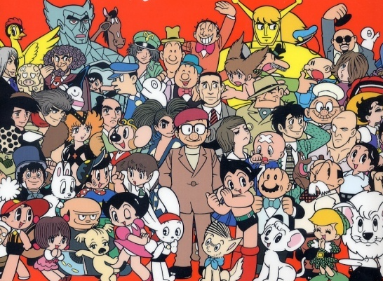 Collage of classic Japanese anime characters including Astro Boy, Doraemon, Lupin III, and other iconic retro anime heroes and heroines on a red background
