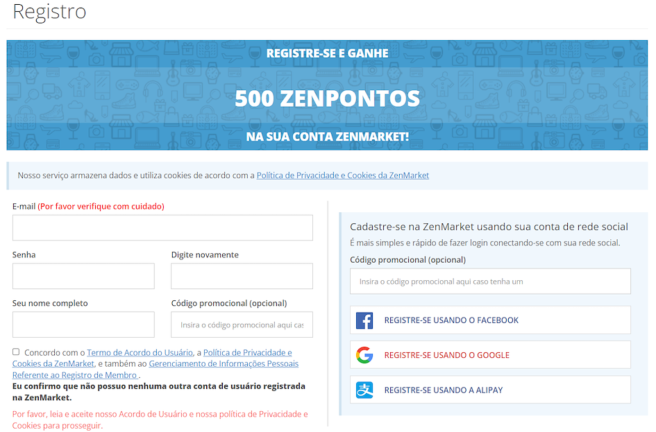 P&aacute;gina de registro da ZenMarket