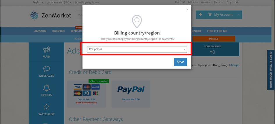 The pop-up window where you can select Philippines as your billing country/region.