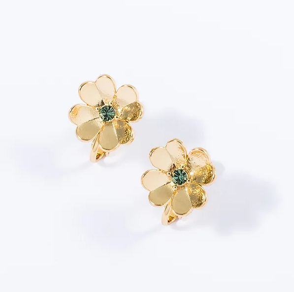 boucles d'oreilles fleurs dorées et vertes Takemichi