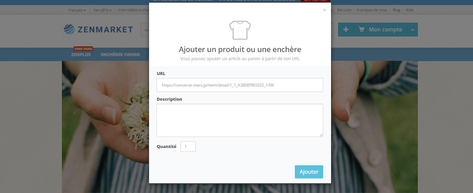 Fenêtre pop-up ZenMarket pour préciser la taille et la couleur des Converse