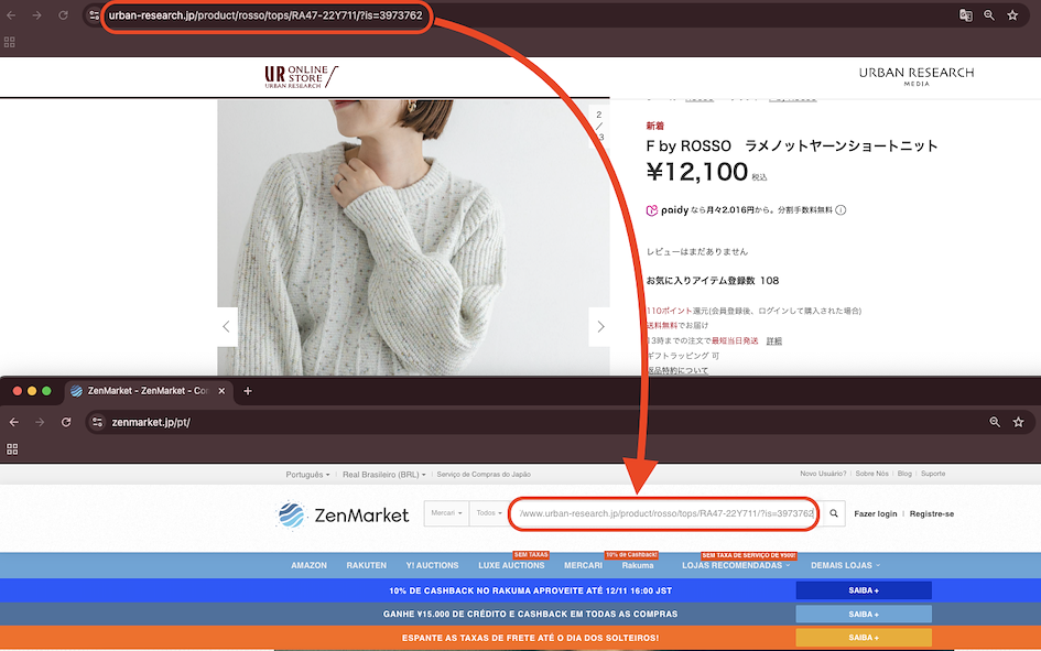 copiando e colando o link do item de interesse no site da ZenMarket