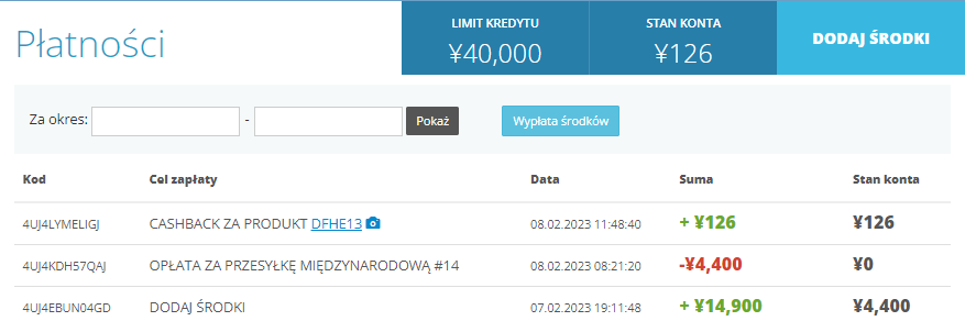 Cashback wpłacony na konto ZenMarket