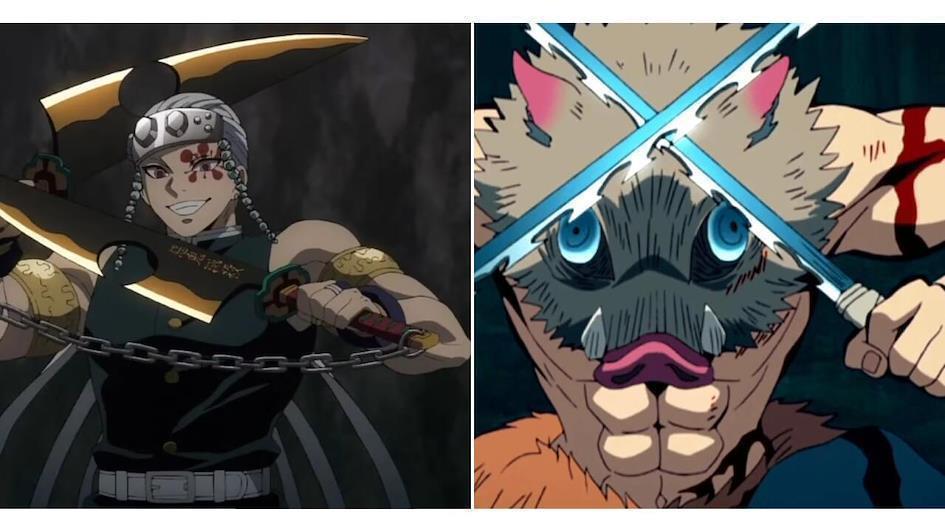 Side by side pictures of Tengen Uzui and Inosuke holding up dual swords