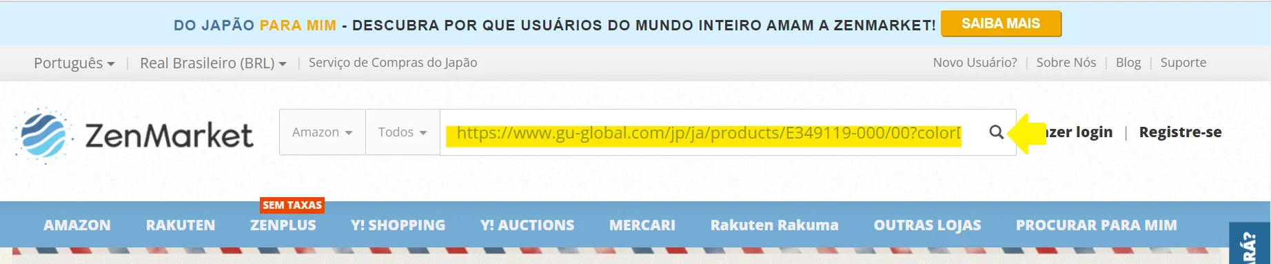 Colar o endereço na barra de pesquisa do site da ZenMarket