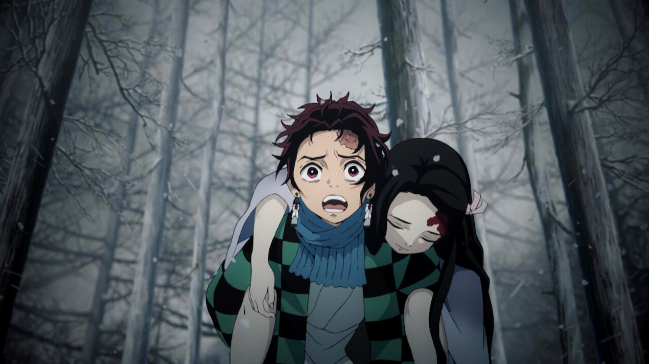 Tanjiro com a sua irmã ferida, Nezuko