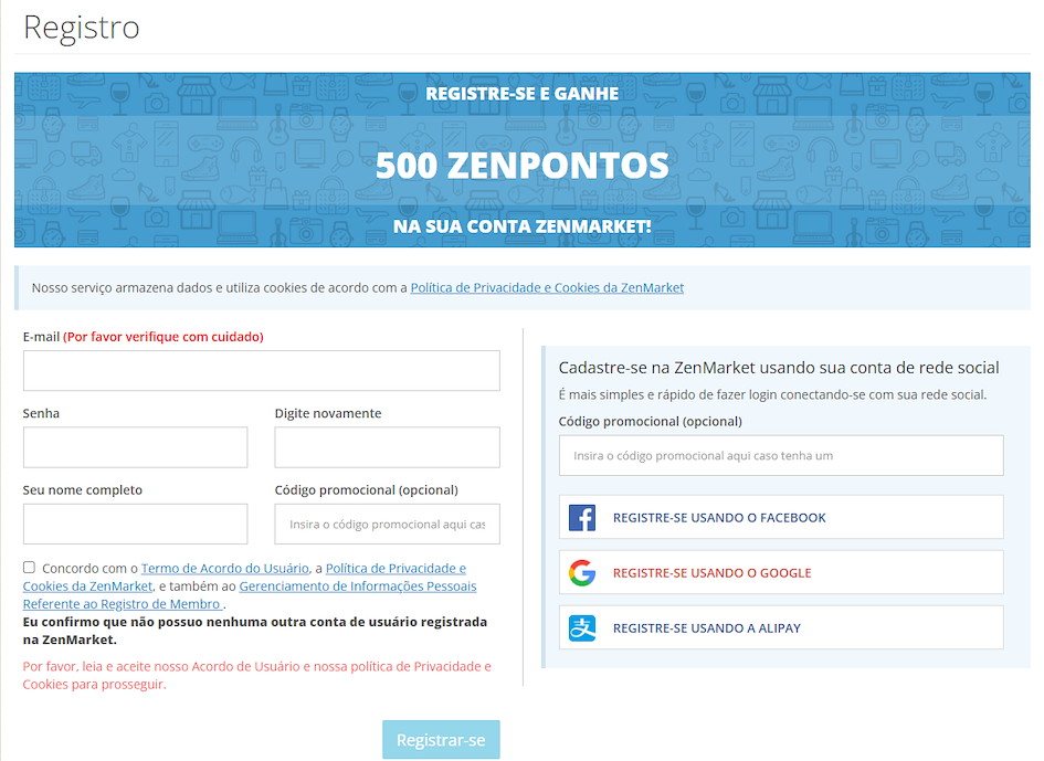 Página de Registro da ZenMarket