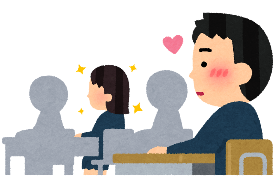 A cartoon of a smitten man looking at a woman from a distance