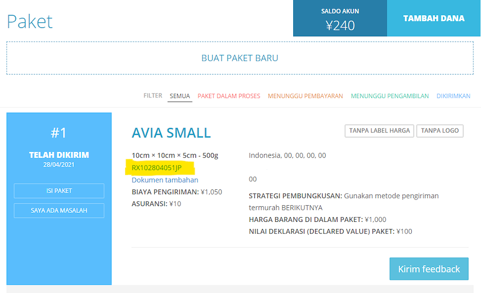 menemukan nomor kode tracking paket di Zenmarket