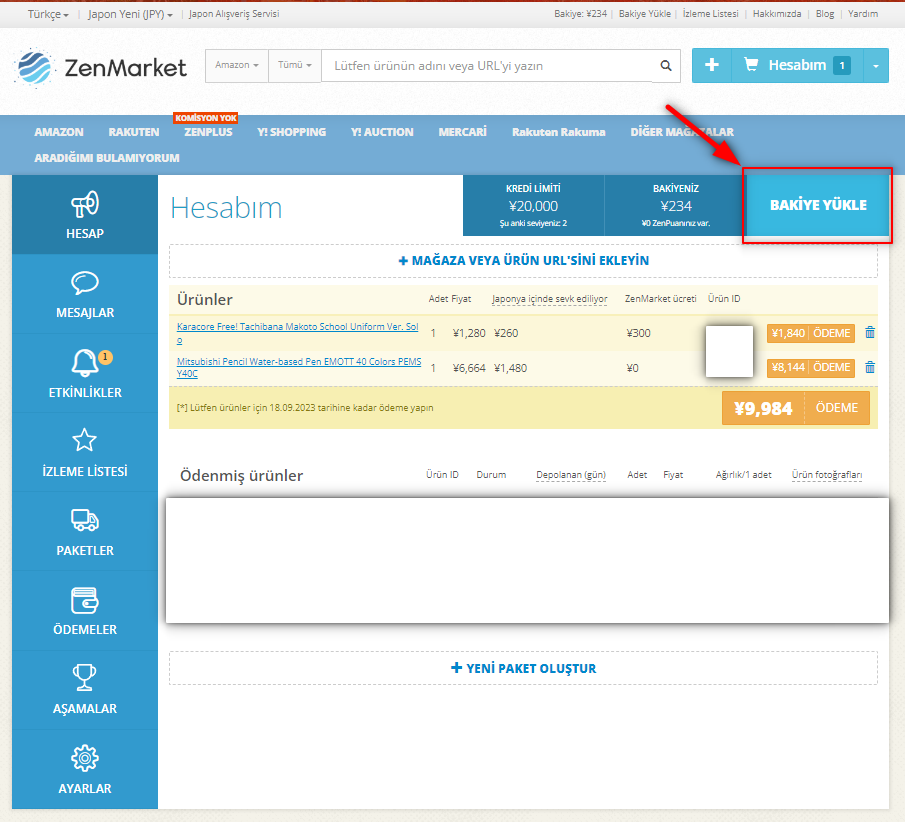 ZenMarket Hesabıma Bakiye ve Para Yükleme