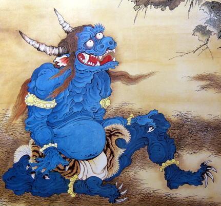 an ukiyo-e style illustration of a blue Japanese youkai