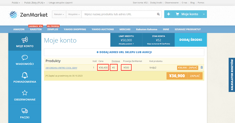 Screenshot panelu, opis kosztów