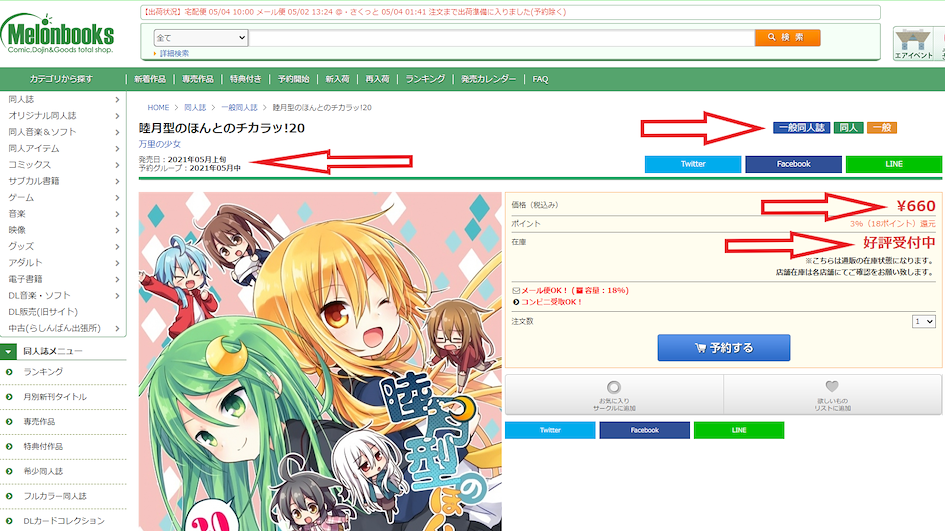 V&eacute;rification des d&eacute;tails de stock, du prix et du public cible d'un doujinshi sur Melonbooks